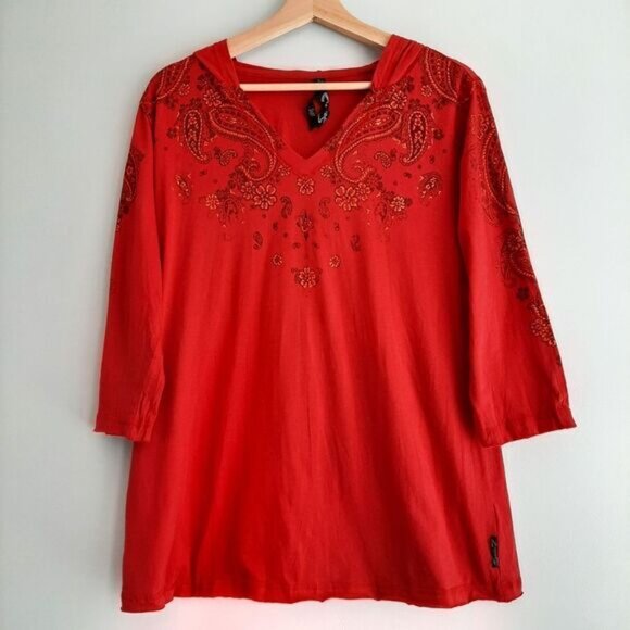 SEVEN7 Boho Paisley Floral Light V-Neck Hoodie Red Sz XL - Picture 2 of 13